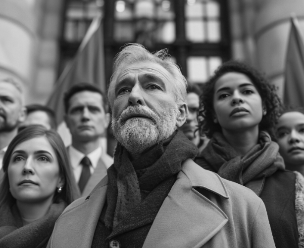 Familia esperando afuera de un tribunal mexicano, simbolizando esperanza y ansiedad.